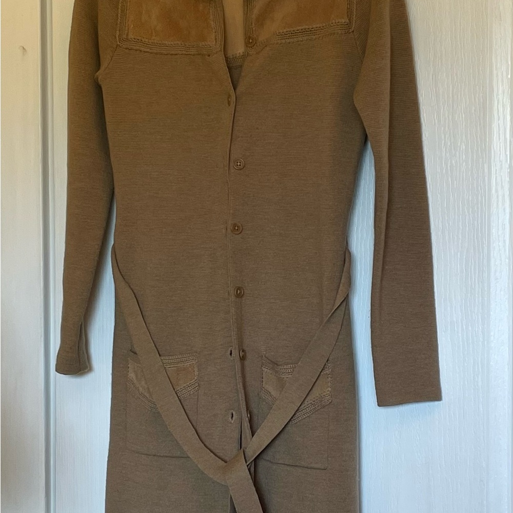 Halogen Brown Wool Ribbed Tie Front Long Sleeve Dress
